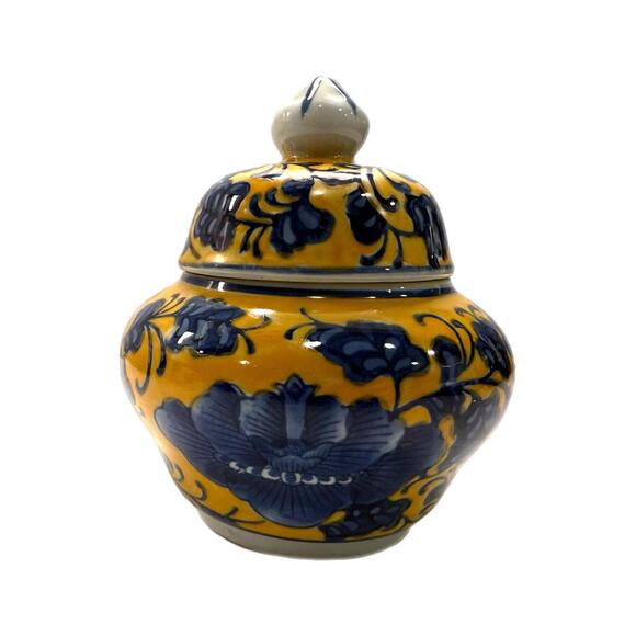 Other - Chinoiserie Ginger Jar with Lid Yellow Blue Ceramic Chinese Japanese Floral